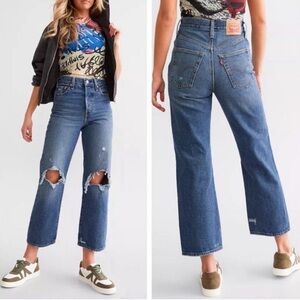 Levis Ribcage Straight Ankle Jean Super High Rise Distressed‎ Blue 28 × 27